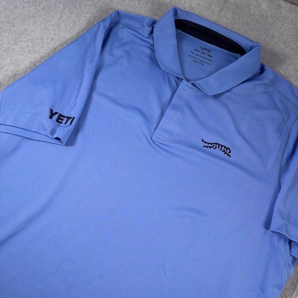 Sun Day Red TW Performance Polo Mens XXL Blue Solid Yeti Sleeve Logo Tiger Woods